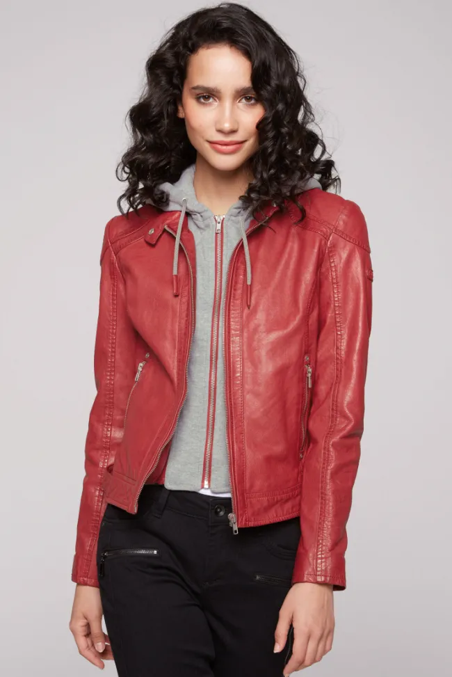 Damen CAMP DAVID & SOCCX Lederjacke im Biker-Stil mit Kapuzeneinsatz