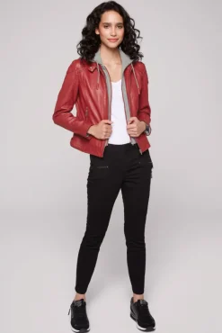 Damen CAMP DAVID & SOCCX Lederjacke im Biker-Stil mit Kapuzeneinsatz