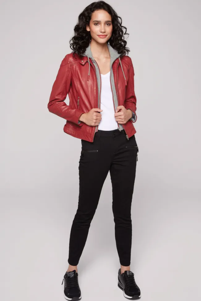 Damen CAMP DAVID & SOCCX Lederjacke im Biker-Stil mit Kapuzeneinsatz