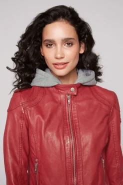 Damen CAMP DAVID & SOCCX Lederjacke im Biker-Stil mit Kapuzeneinsatz