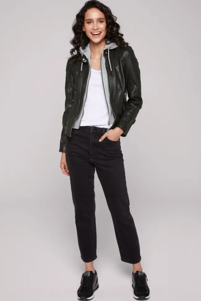 Damen CAMP DAVID & SOCCX Lederjacke im Biker-Stil mit Kapuzeneinsatz