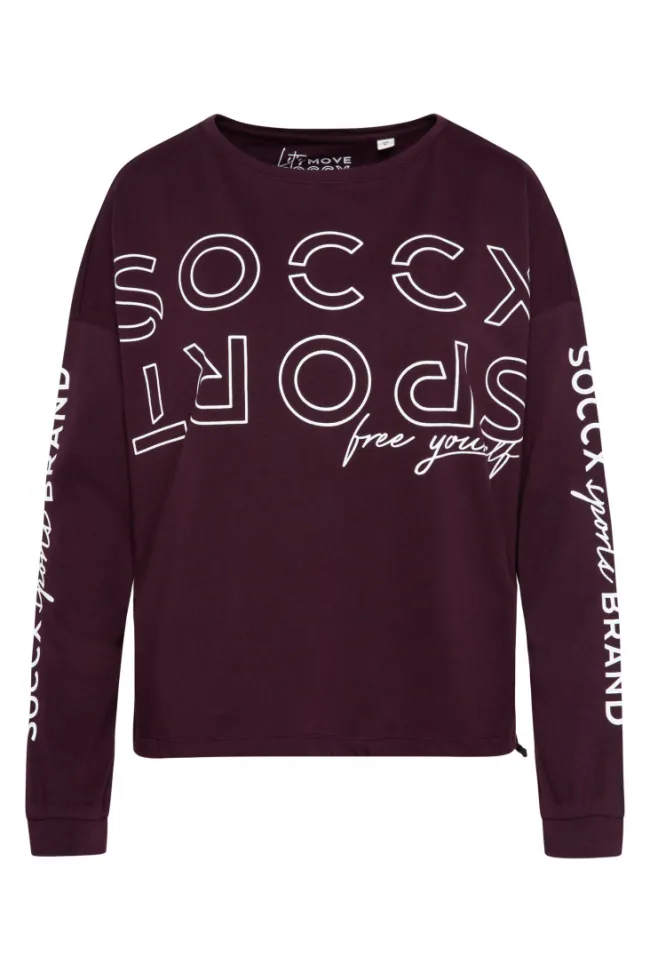 Damen CAMP DAVID & SOCCX Longsleeve mit Logo Prints und verstellbaren Elastiksaum deep plum