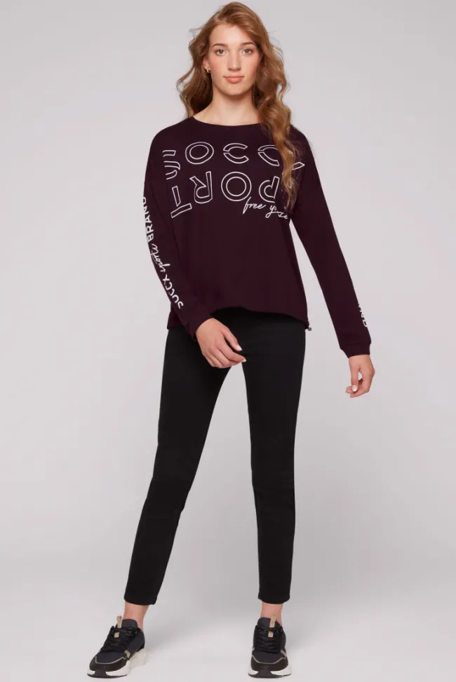 Damen CAMP DAVID & SOCCX Longsleeve mit Logo Prints und verstellbaren Elastiksaum deep plum