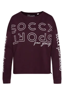 Damen CAMP DAVID & SOCCX Longsleeve mit Logo Prints und verstellbaren Elastiksaum deep plum