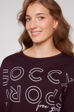 Damen CAMP DAVID & SOCCX Longsleeve mit Logo Prints und verstellbaren Elastiksaum deep plum