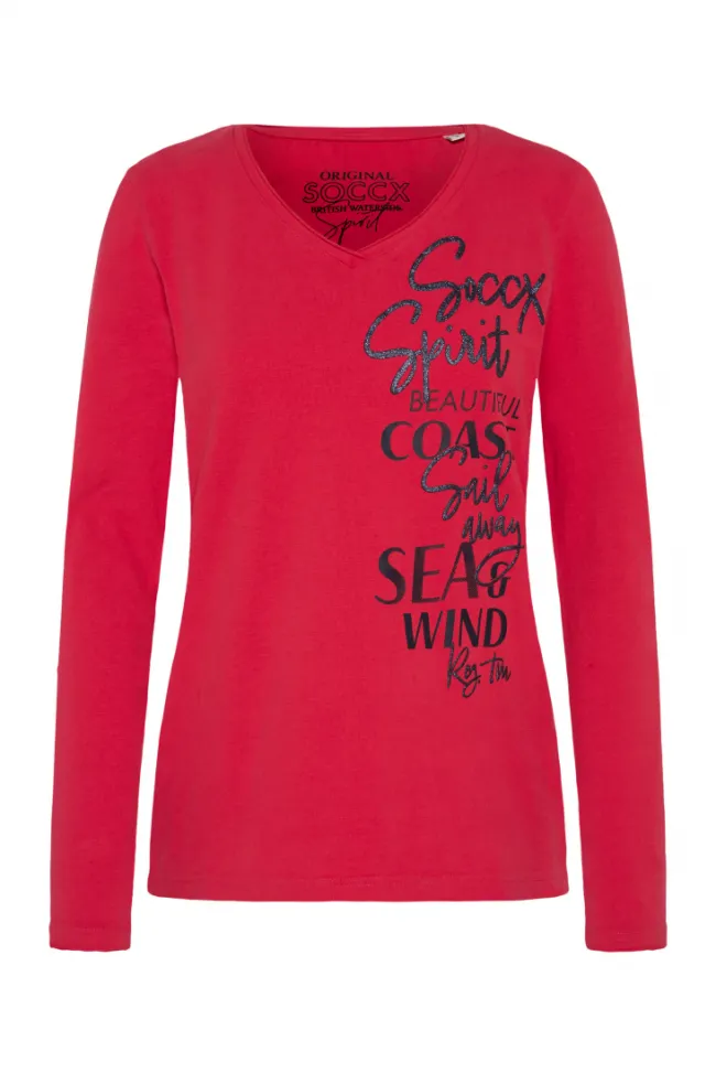Damen CAMP DAVID & SOCCX Longsleeve mit V-Ausschnitt und Glitter-Puff-Prints clear red