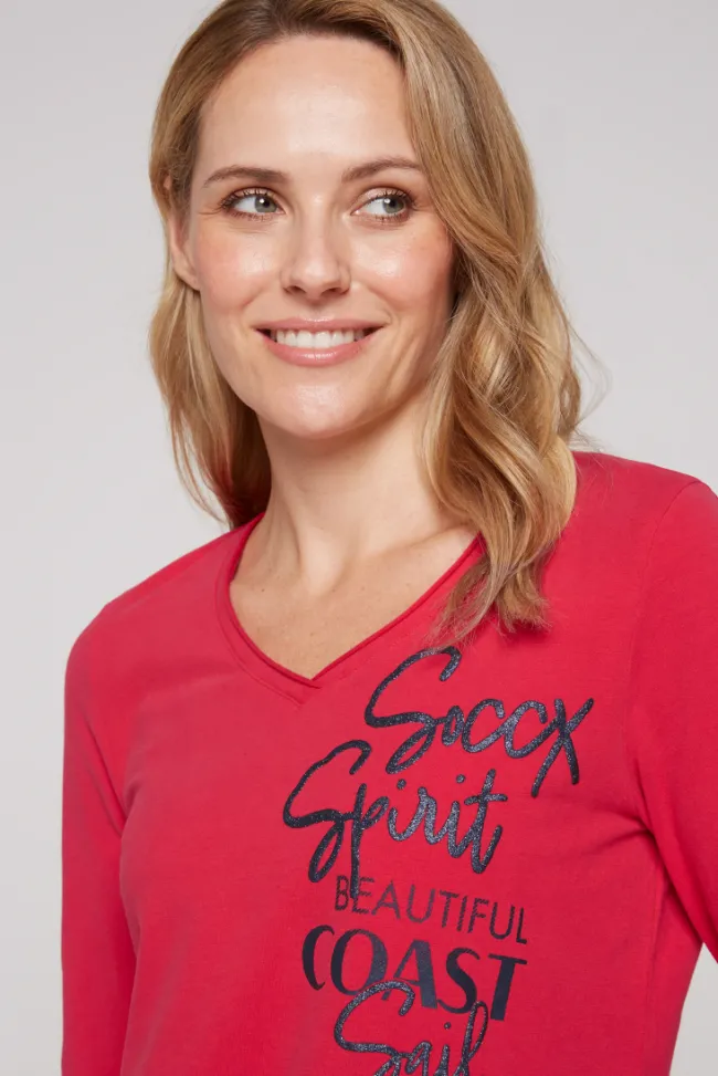 Damen CAMP DAVID & SOCCX Longsleeve mit V-Ausschnitt und Glitter-Puff-Prints clear red