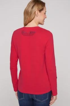 Damen CAMP DAVID & SOCCX Longsleeve mit V-Ausschnitt und Glitter-Puff-Prints clear red