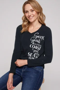 Damen CAMP DAVID & SOCCX Longsleeve mit V-Ausschnitt und Glitter-Puff-Prints blue navy