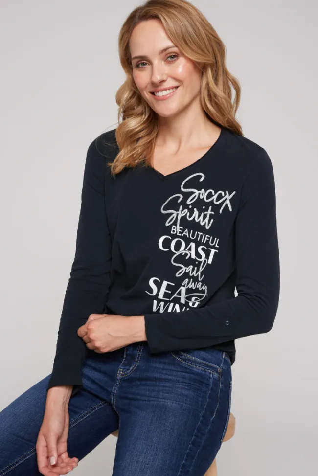 Damen CAMP DAVID & SOCCX Longsleeve mit V-Ausschnitt und Glitter-Puff-Prints blue navy