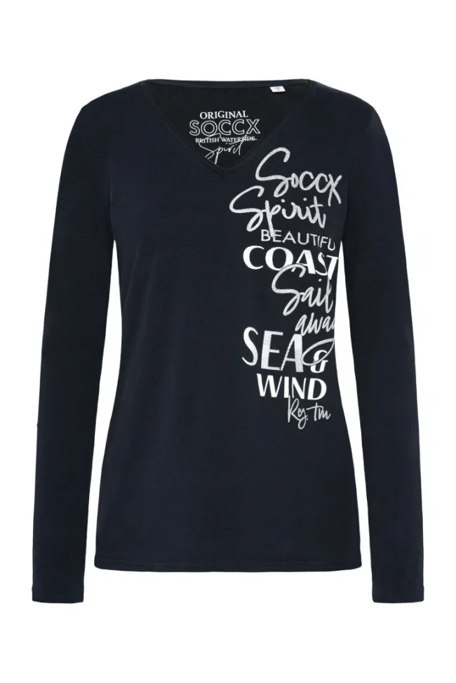Damen CAMP DAVID & SOCCX Longsleeve mit V-Ausschnitt und Glitter-Puff-Prints blue navy