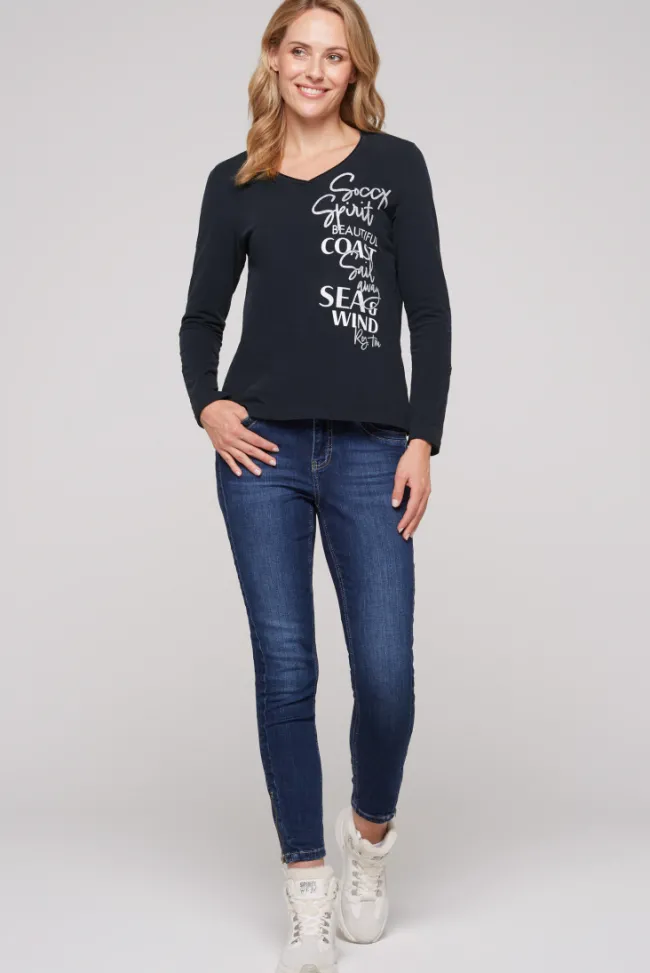 Damen CAMP DAVID & SOCCX Longsleeve mit V-Ausschnitt und Glitter-Puff-Prints blue navy