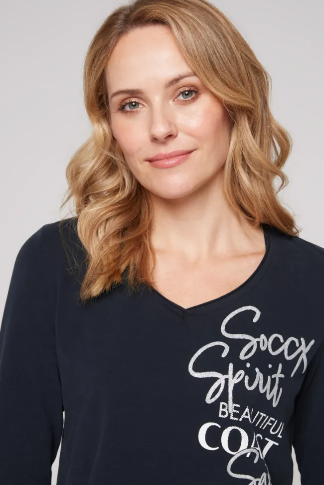 Damen CAMP DAVID & SOCCX Longsleeve mit V-Ausschnitt und Glitter-Puff-Prints blue navy