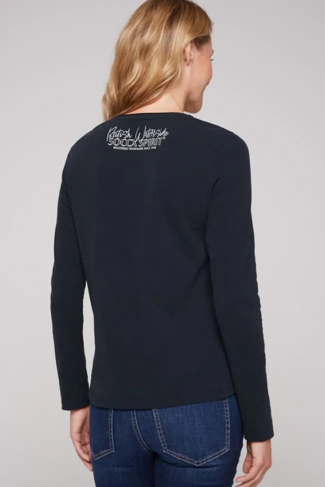 Damen CAMP DAVID & SOCCX Longsleeve mit V-Ausschnitt und Glitter-Puff-Prints blue navy