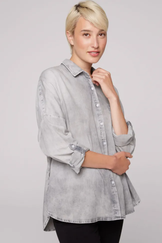 Damen CAMP DAVID & SOCCX Oversized Denim-Bluse mit Print light grey bleached