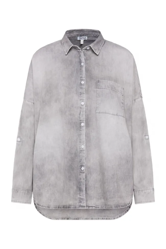Damen CAMP DAVID & SOCCX Oversized Denim-Bluse mit Print light grey bleached