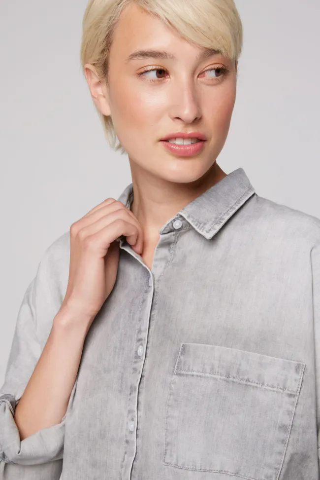 Damen CAMP DAVID & SOCCX Oversized Denim-Bluse mit Print light grey bleached