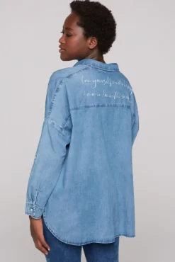 Damen CAMP DAVID & SOCCX Oversized Denim-Bluse mit Print blue vintage