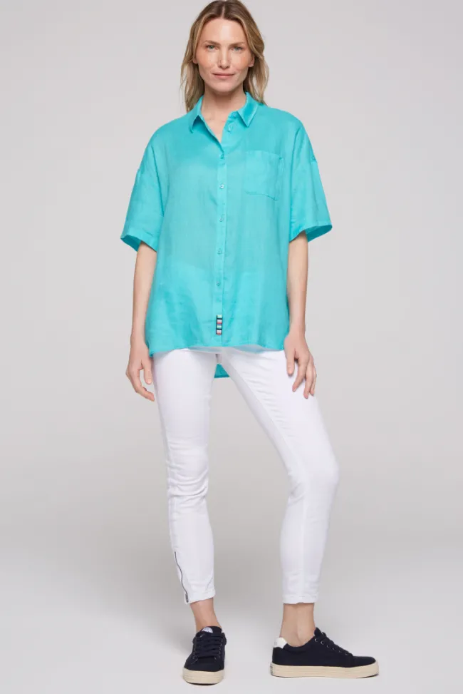 Damen CAMP DAVID & SOCCX Oversized Leinenbluse mit Logostickerei lagoon blue