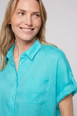 Damen CAMP DAVID & SOCCX Oversized Leinenbluse mit Logostickerei lagoon blue