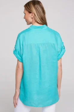 Damen CAMP DAVID & SOCCX Oversized Leinenbluse mit Logostickerei lagoon blue