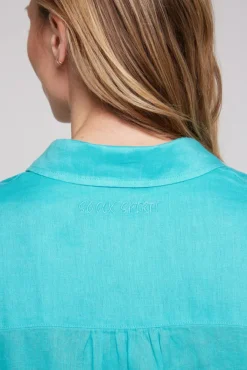 Damen CAMP DAVID & SOCCX Oversized Leinenbluse mit Logostickerei lagoon blue