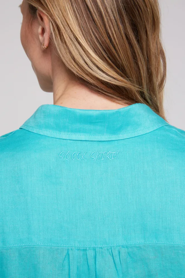 Damen CAMP DAVID & SOCCX Oversized Leinenbluse mit Logostickerei lagoon blue