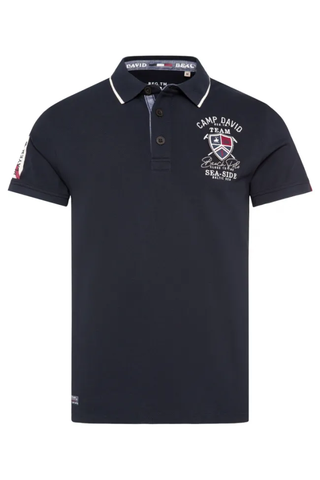 Herren CAMP DAVID & SOCCX Pikee-Polo mit Label Patches und Stickereien blue navy