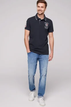 Herren CAMP DAVID & SOCCX Pikee-Polo mit Label Patches und Stickereien blue navy