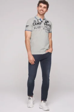 Herren CAMP DAVID & SOCCX Pikee-Polo mit Label-Applikationen granite melange