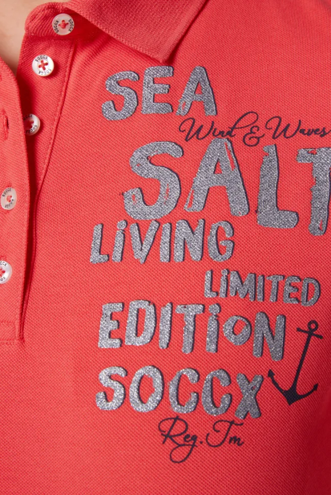 Damen CAMP DAVID & SOCCX Poloshirt aus Pikee mit Glitter Print skipper red