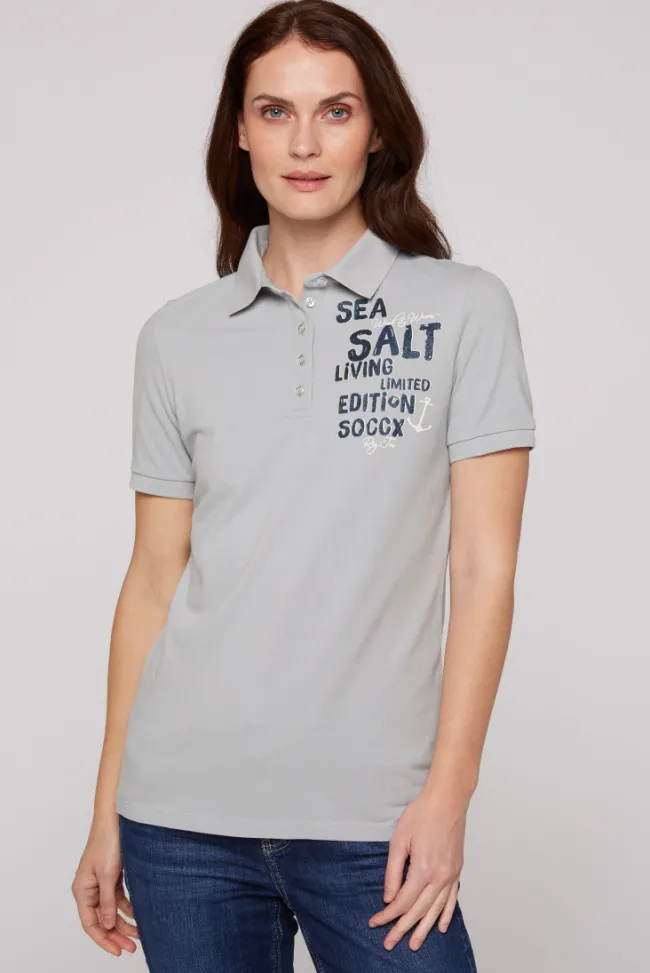 Damen CAMP DAVID & SOCCX Poloshirt aus Pikee mit Glitter Print cozy blue