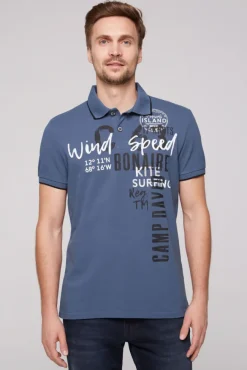 Herren CAMP DAVID & SOCCX Poloshirt aus Pikee mit Print Artwork blue haze