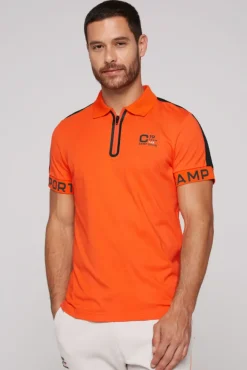 Herren CAMP DAVID & SOCCX Poloshirt mit Zipper und kontrastvollen Prints signal orange