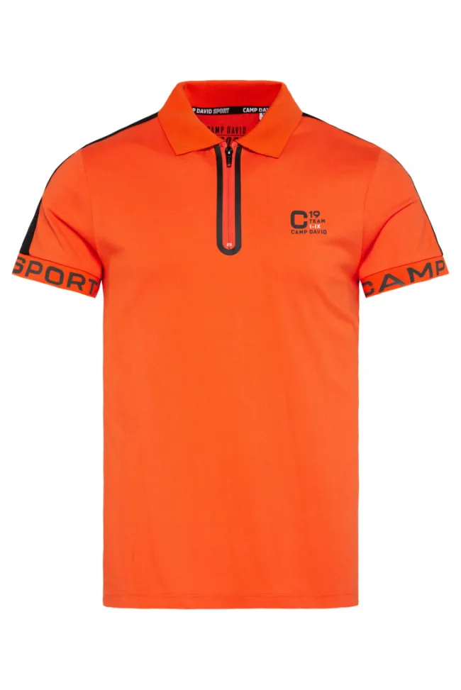 Herren CAMP DAVID & SOCCX Poloshirt mit Zipper und kontrastvollen Prints signal orange