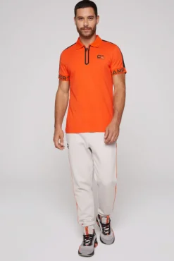 Herren CAMP DAVID & SOCCX Poloshirt mit Zipper und kontrastvollen Prints signal orange