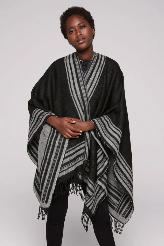 Damen CAMP DAVID & SOCCX Poncho mit Streifen-Design und Fransen black / grey