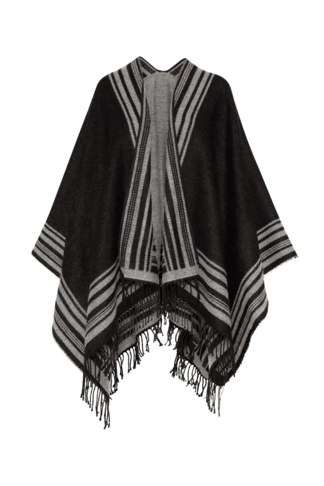Damen CAMP DAVID & SOCCX Poncho mit Streifen-Design und Fransen black / grey
