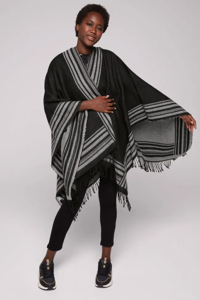 Damen CAMP DAVID & SOCCX Poncho mit Streifen-Design und Fransen black / grey