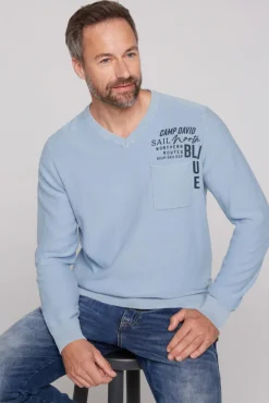 Herren CAMP DAVID & SOCCX Pullover Linksstrick mit Used Look summer blue