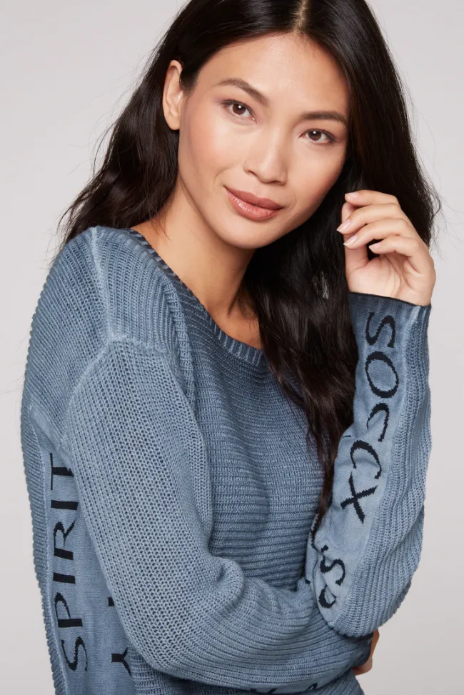 Damen CAMP DAVID & SOCCX Pullover Oil Dyed mit Intarsia-Logo blue navy