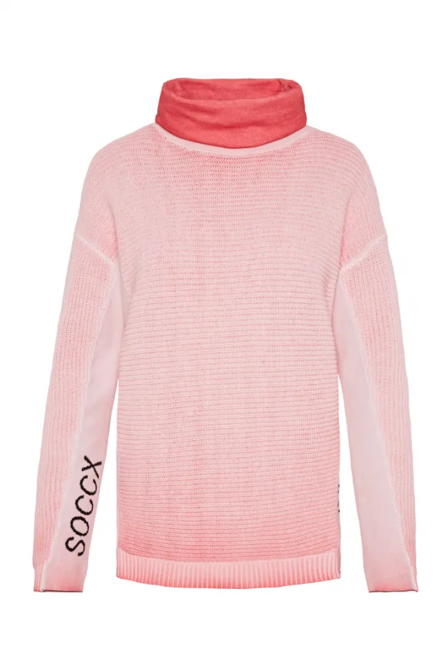Damen CAMP DAVID & SOCCX Pullover Oil Dyed mit Rollkragen und Intarsia-Logo pure coral