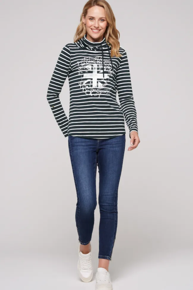 Damen CAMP DAVID & SOCCX Ringelshirt mit hohem Kragen und Rubber-Artwork blue navy