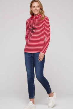 Damen CAMP DAVID & SOCCX Ringelshirt mit hohem Kragen und Rubber-Artwork clear red