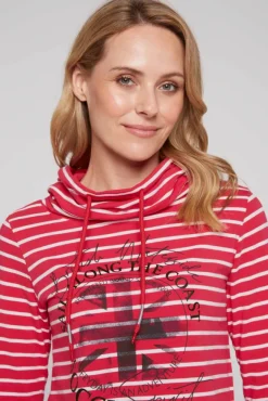 Damen CAMP DAVID & SOCCX Ringelshirt mit hohem Kragen und Rubber-Artwork clear red