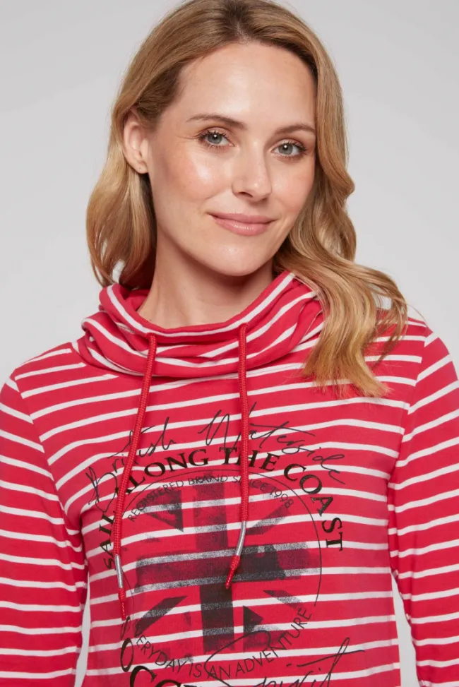Damen CAMP DAVID & SOCCX Ringelshirt mit hohem Kragen und Rubber-Artwork clear red