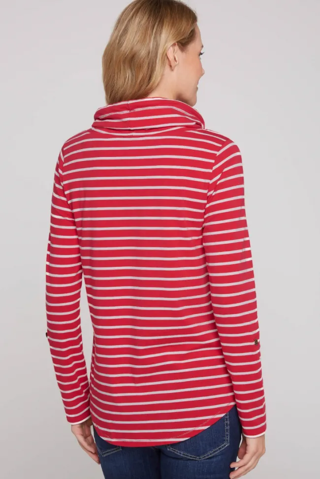 Damen CAMP DAVID & SOCCX Ringelshirt mit hohem Kragen und Rubber-Artwork clear red