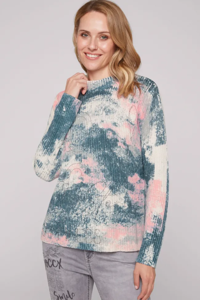 Damen CAMP DAVID & SOCCX Rippstrickpullover mit All Over Print cold grey