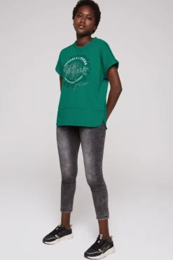 Damen CAMP DAVID & SOCCX Ärmelloses Shirt mit Artwork aus Schmucksteinen bottle green