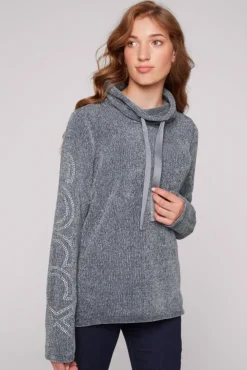 Damen CAMP DAVID & SOCCX Rollkragenpullover in Chenillestrick mit Logo Prints cold grey